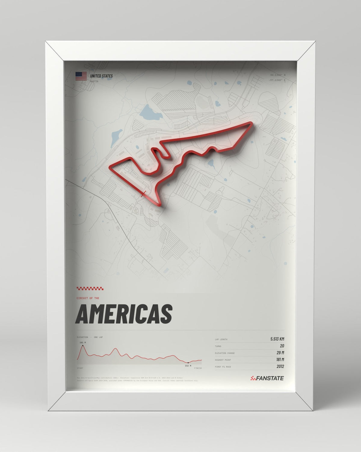 Circuit of the Americas 3D circuit frame, white frame, front view