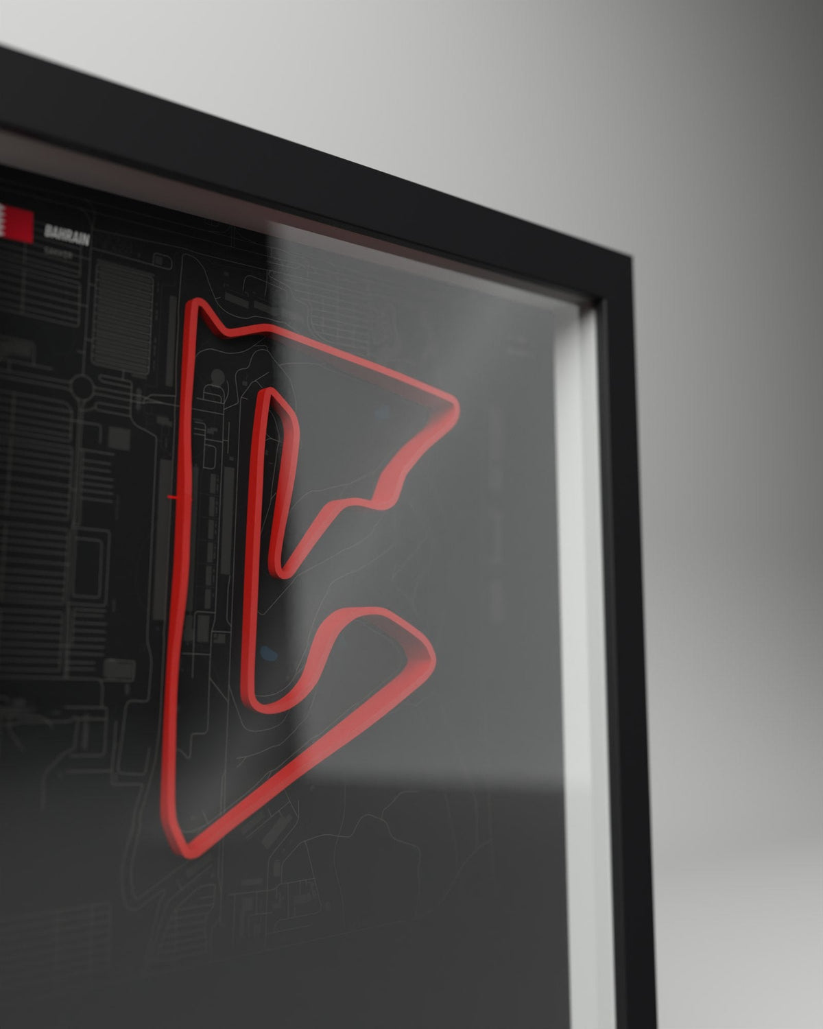 Bahrain 3D circuit frame, black frame, close-up of the raised track
