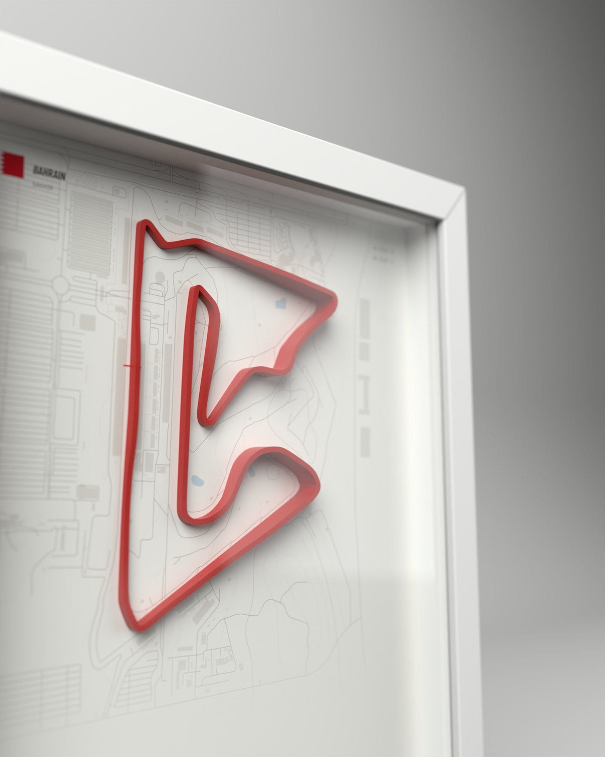 Bahrain 3D circuit frame, white frame, close-up of the raised track