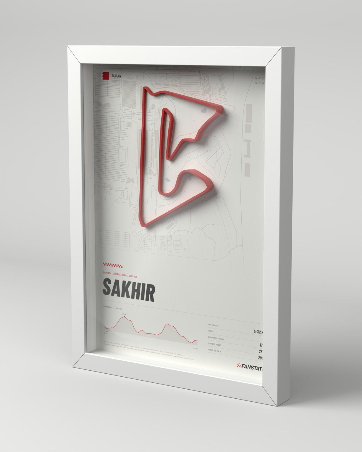 Bahrain 3D circuit frame, white frame, three-quarter view