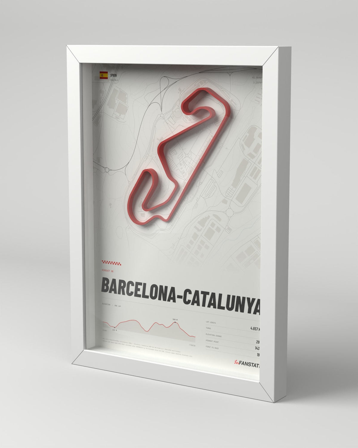 Barcelona-Catalunya 3D circuit frame, white frame, three-quarter view
