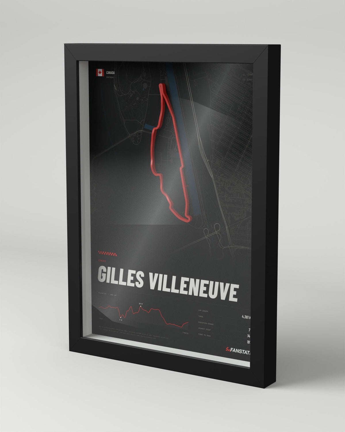Gilles Villeneuve 3D circuit frame, black frame, three-quarter view