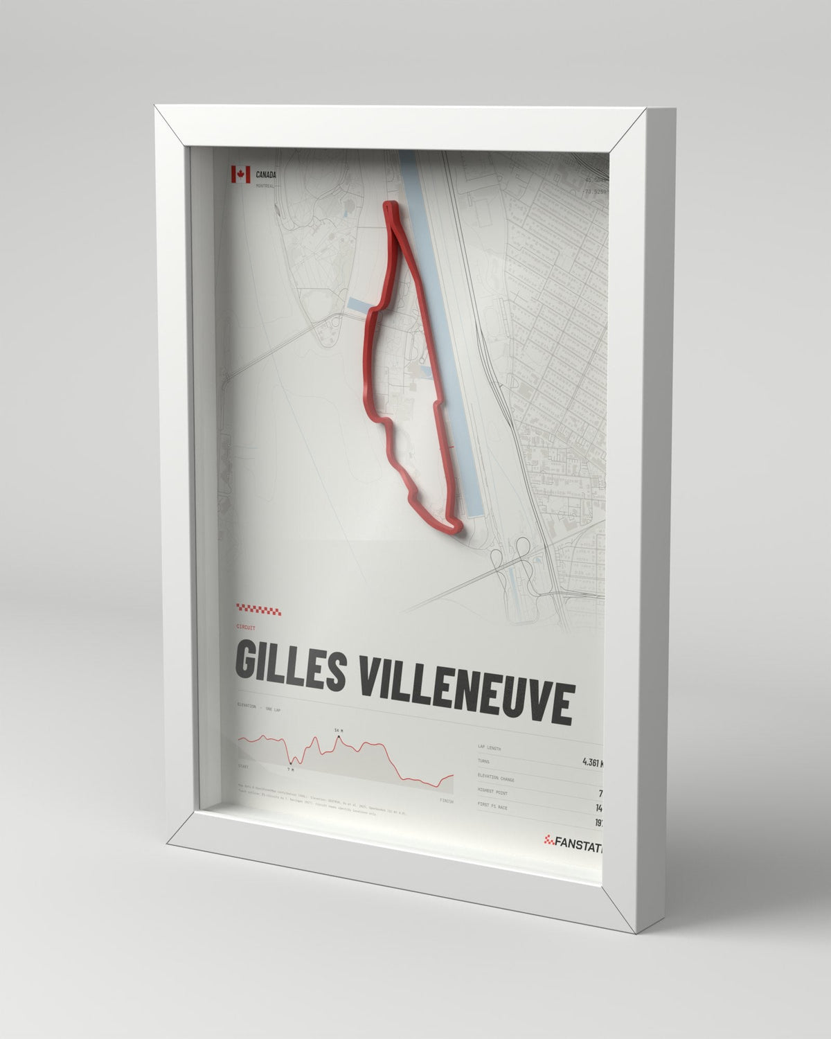 Gilles Villeneuve 3D circuit frame, white frame, three-quarter view