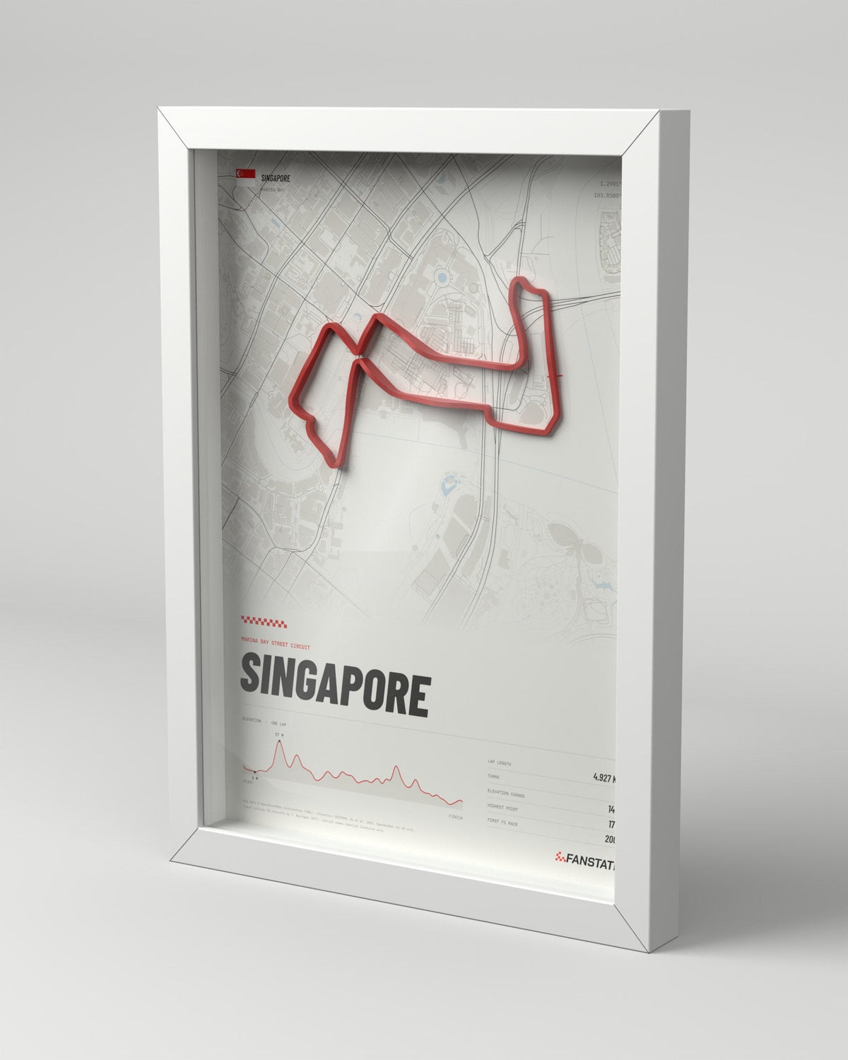 Marina Bay 3D circuit frame, white frame, three-quarter view