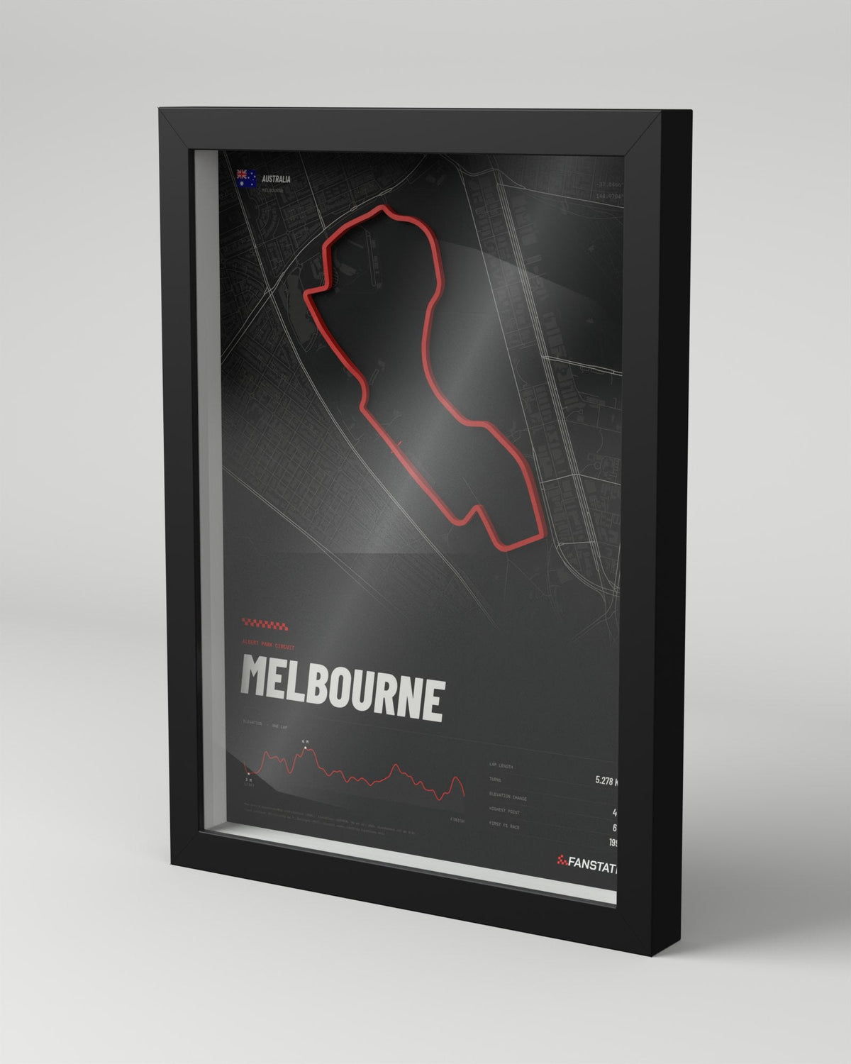 Melbourne 3D circuit frame, black frame, three-quarter view