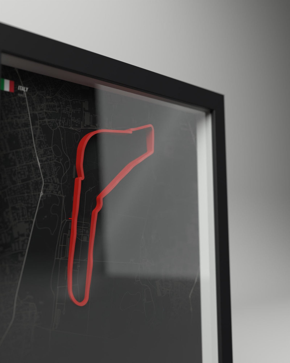 Monza 3D circuit frame, black frame, close-up of the raised track