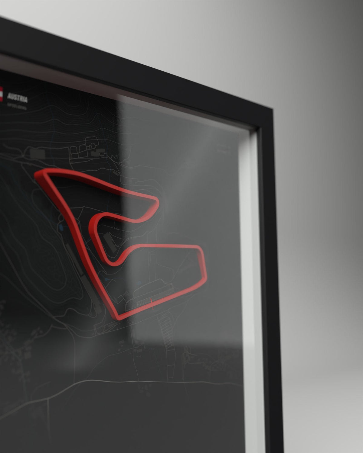 Red Bull Ring 3D circuit frame, black frame, close-up of the raised track