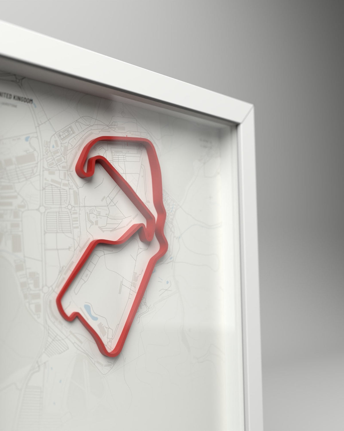Silverstone 3D circuit frame, white frame, close-up of the raised track