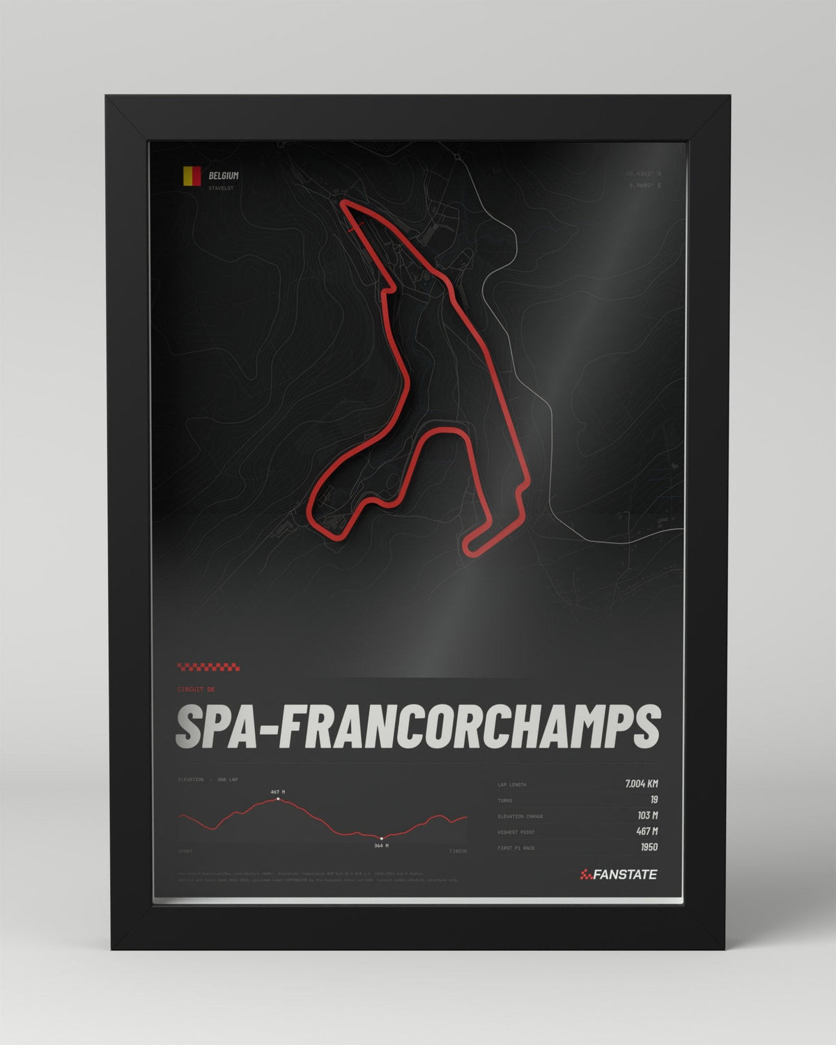 Spa-Francorchamps 3D circuit frame, black frame, front view