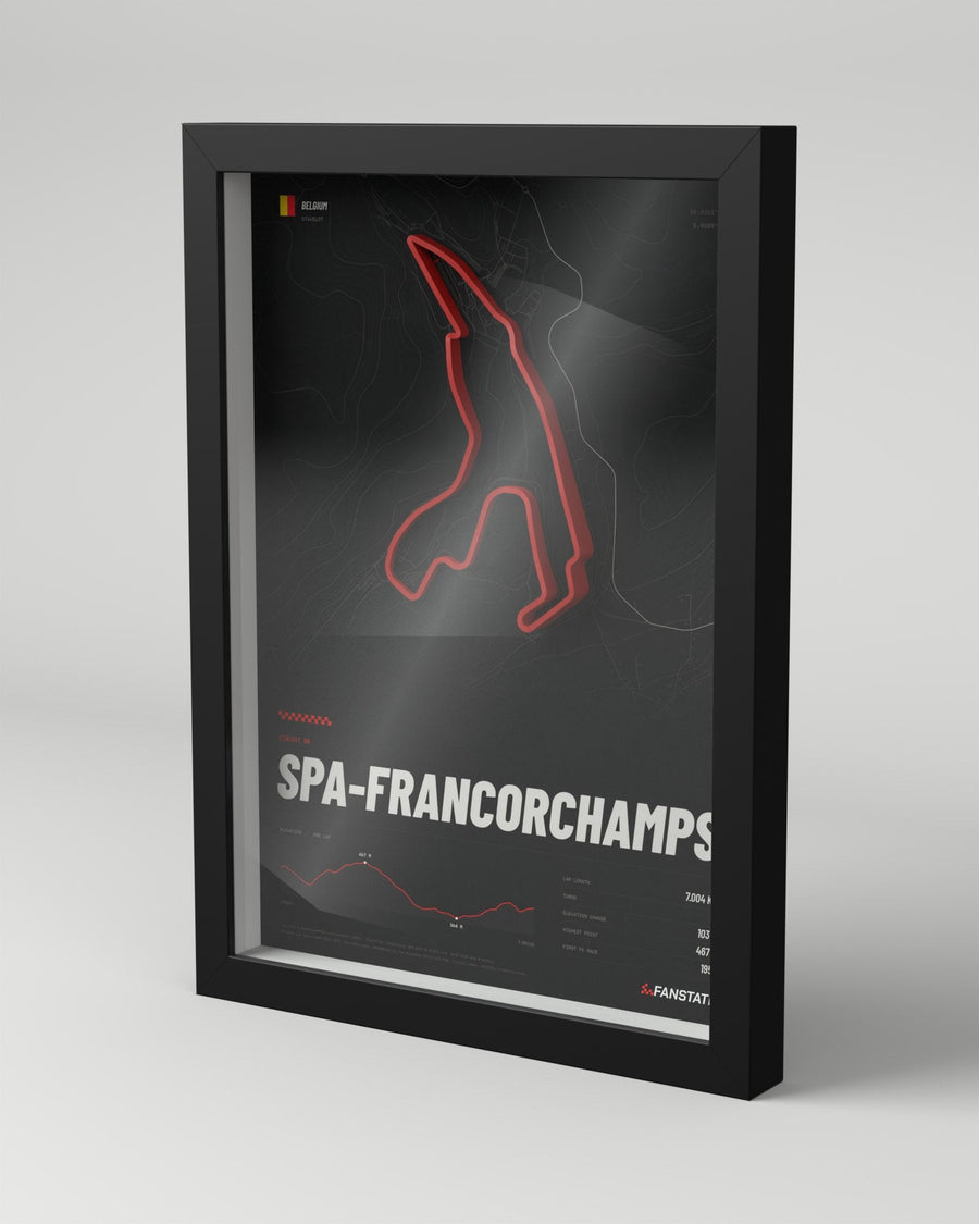 Spa-Francorchamps 3D circuit frame, black frame, three-quarter view