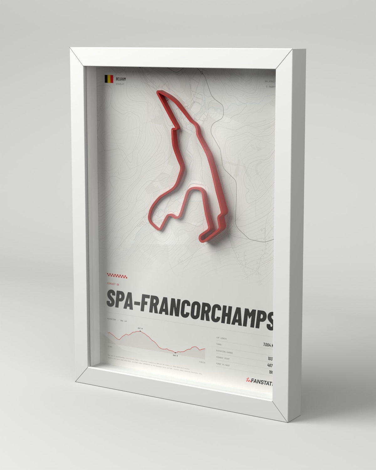 Spa-Francorchamps 3D circuit frame, white frame, three-quarter view