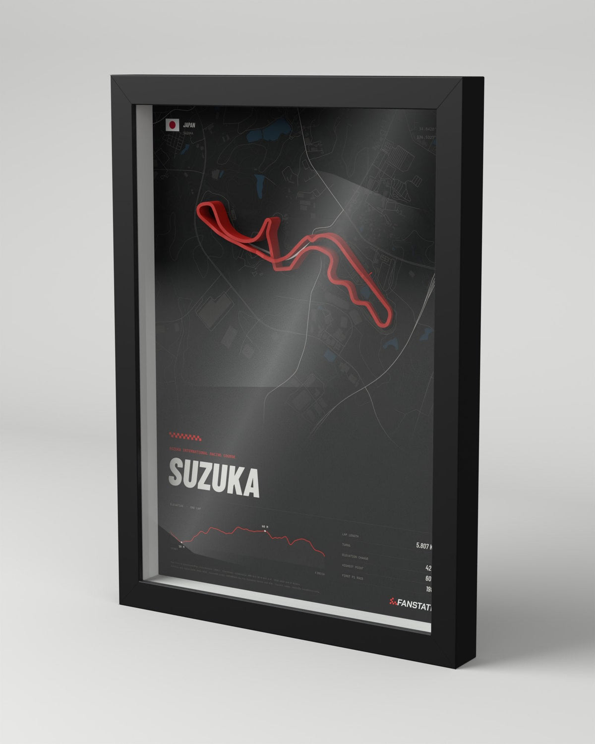 Suzuka 3D circuit frame, black frame, three-quarter view