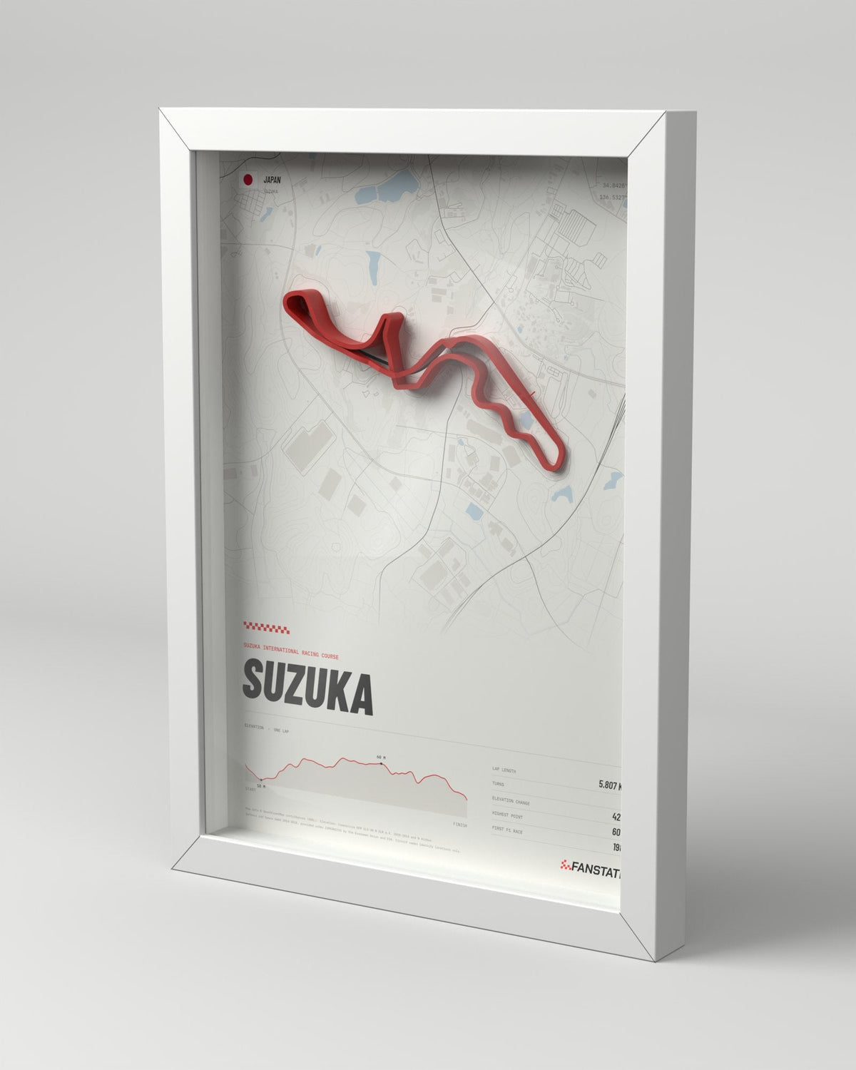 Suzuka 3D circuit frame, white frame, three-quarter view