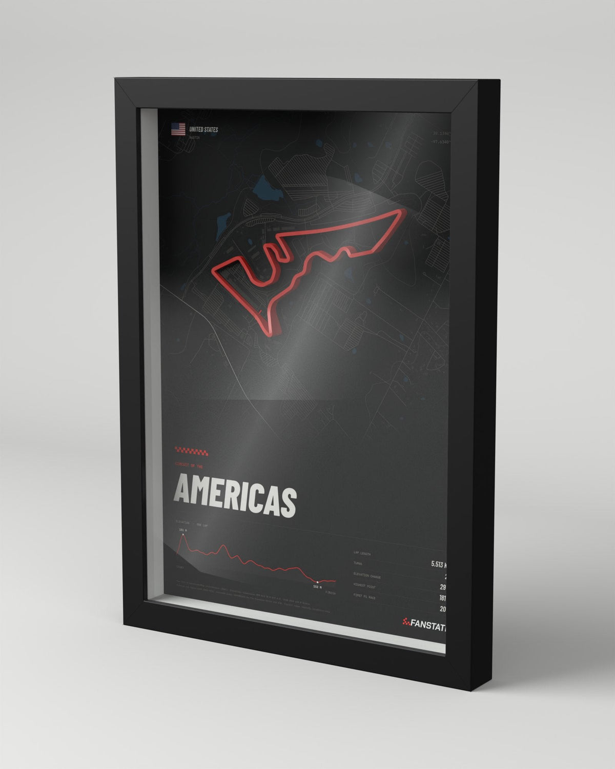 Circuit of the Americas 3D circuit frame, black frame, three-quarter view