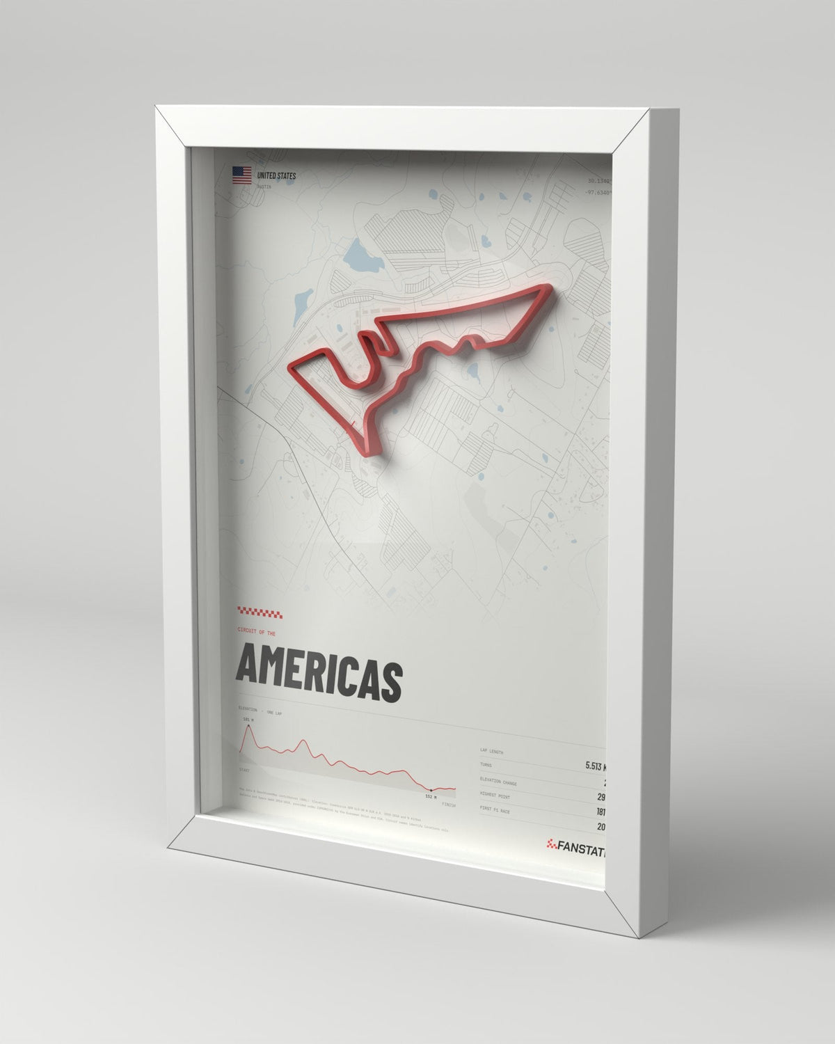 Circuit of the Americas 3D circuit frame, white frame, three-quarter view