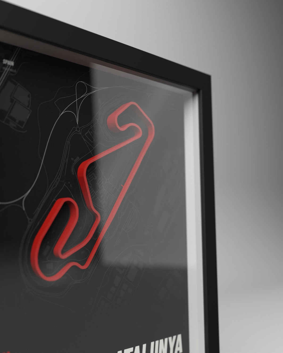 Barcelona-Catalunya 3D circuit frame, black frame, close-up of the raised track