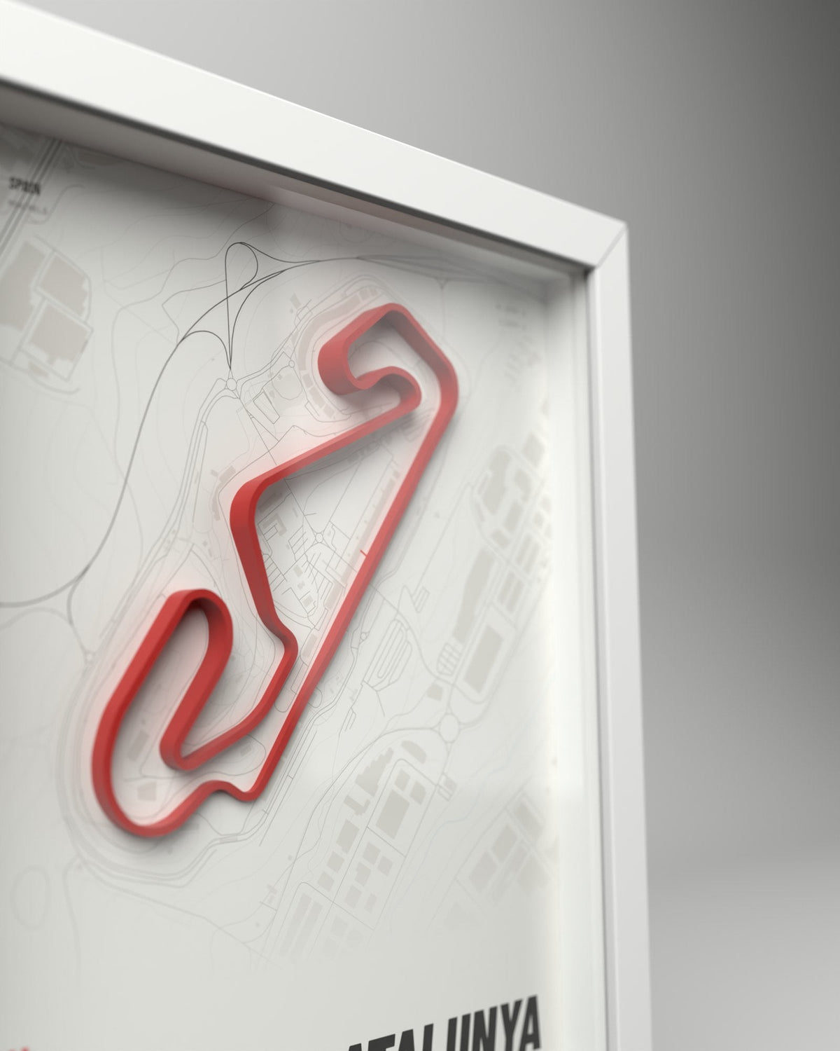 Barcelona-Catalunya 3D circuit frame, white frame, close-up of the raised track