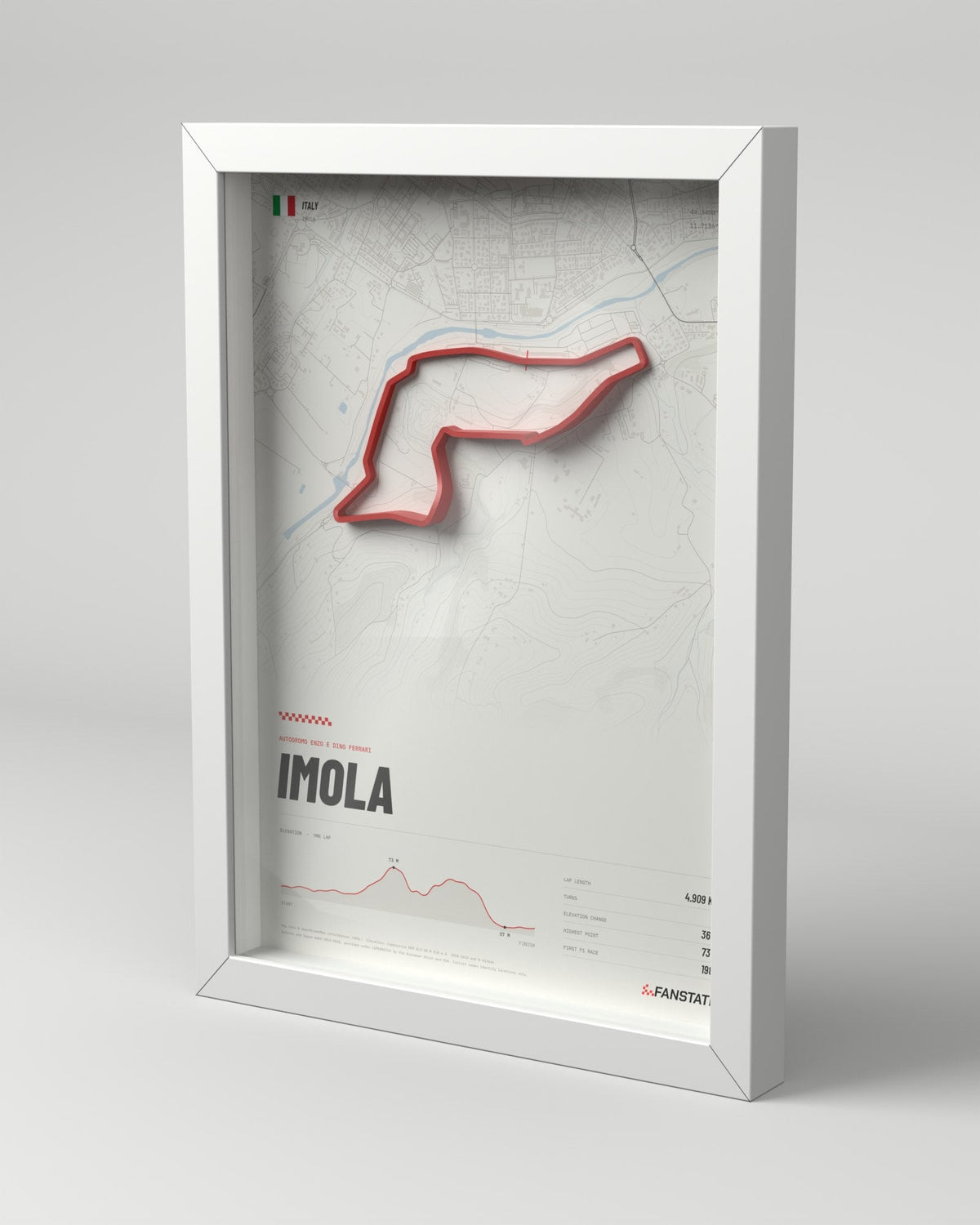 Imola 3D circuit frame, white frame, three-quarter view