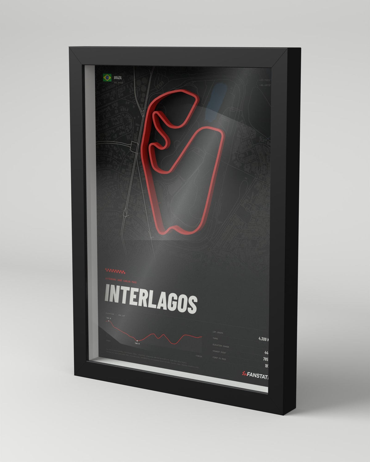 Interlagos 3D circuit frame, black frame, three-quarter view