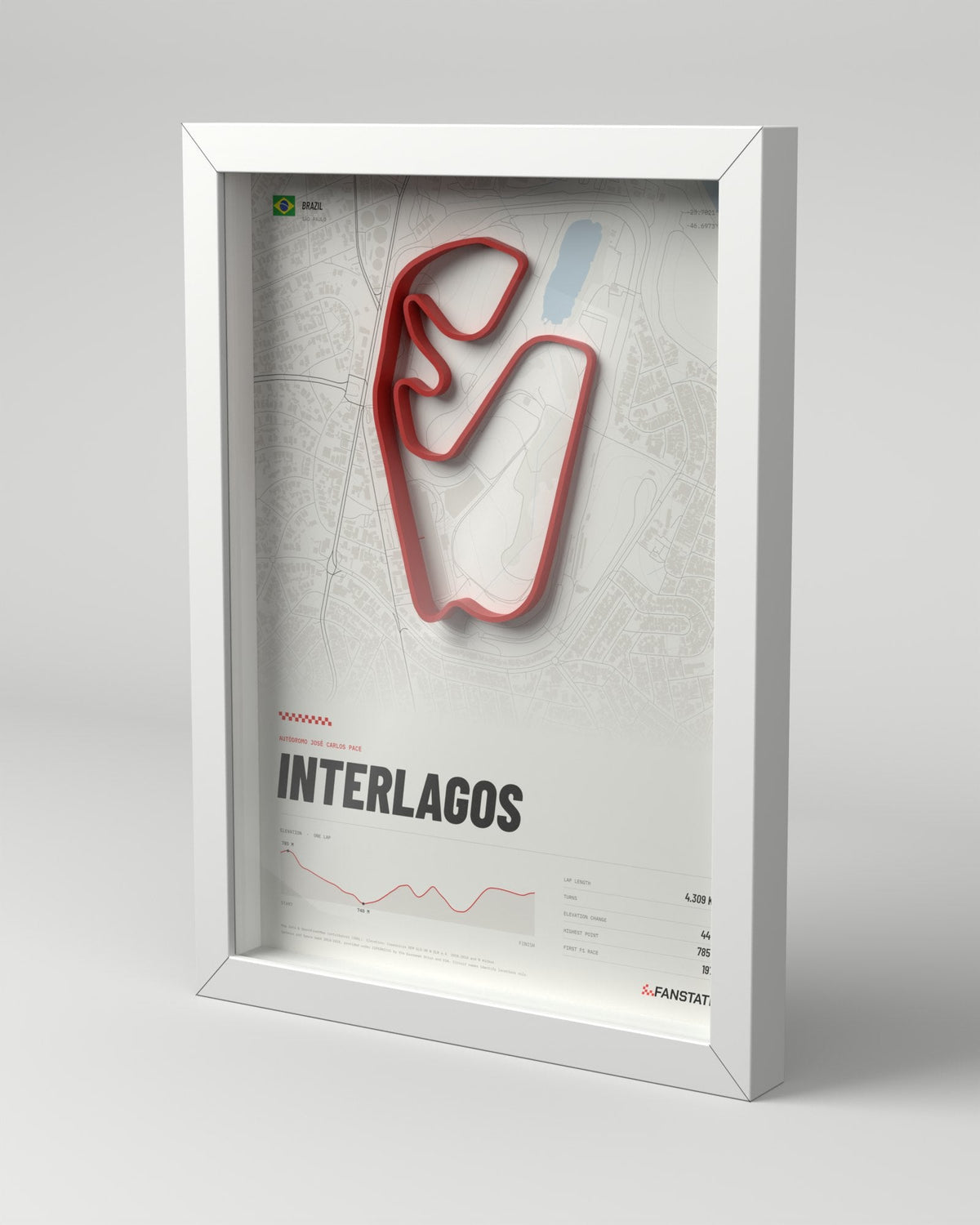 Interlagos 3D circuit frame, white frame, three-quarter view