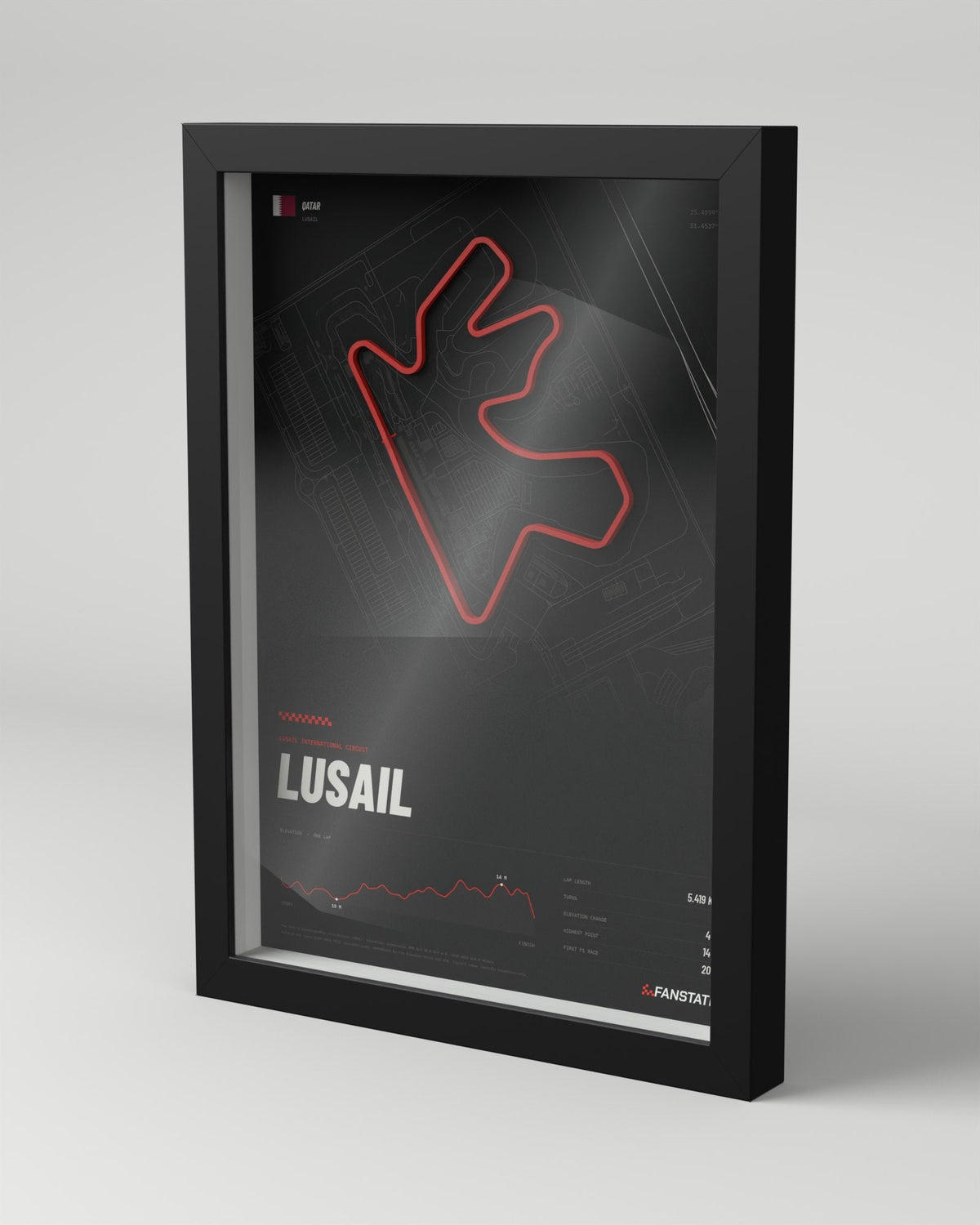 Lusail 3D circuit frame, black frame, three-quarter view