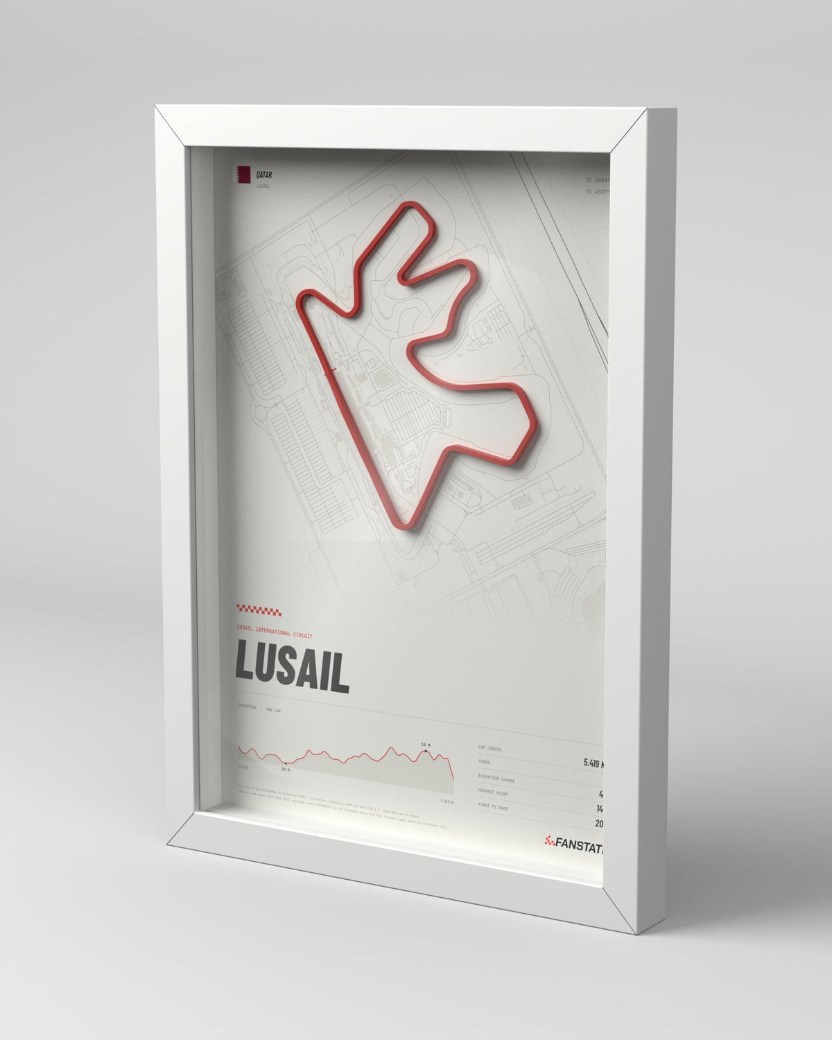 Lusail 3D circuit frame, white frame, three-quarter view