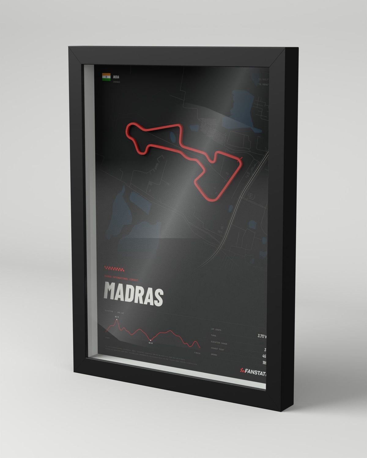 Madras International Circuit 3D circuit frame, black frame, three-quarter view