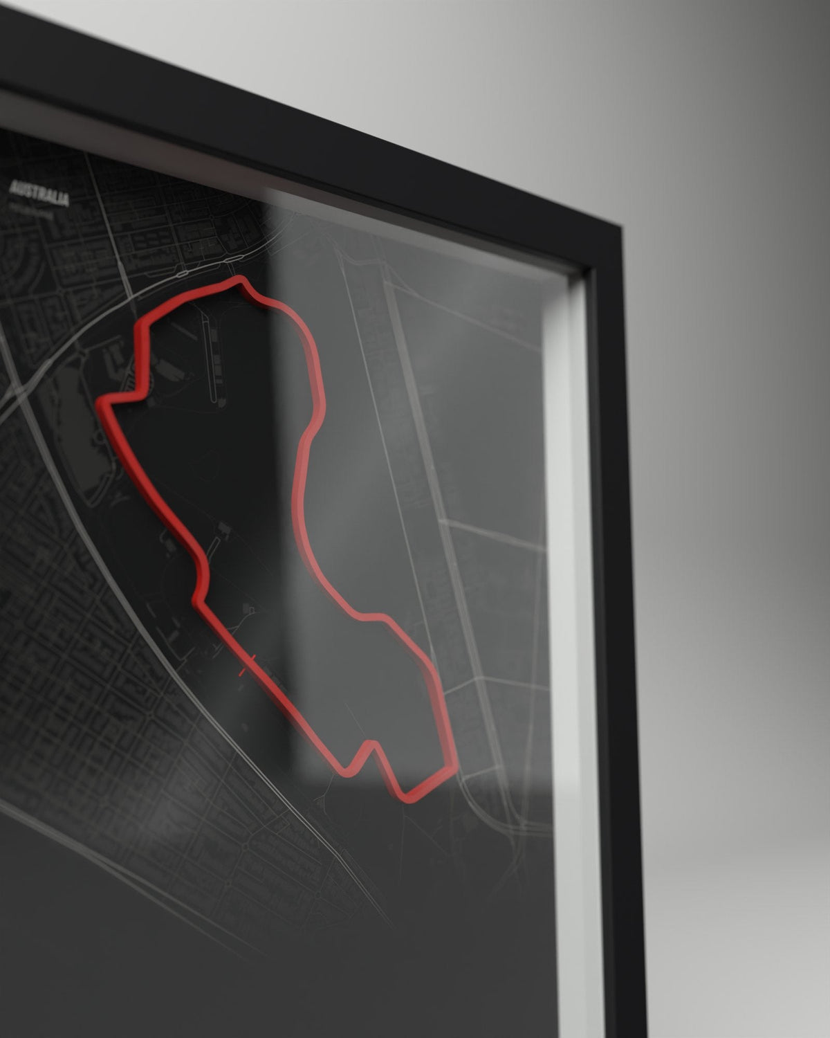 Melbourne 3D circuit frame, black frame, close-up of the raised track