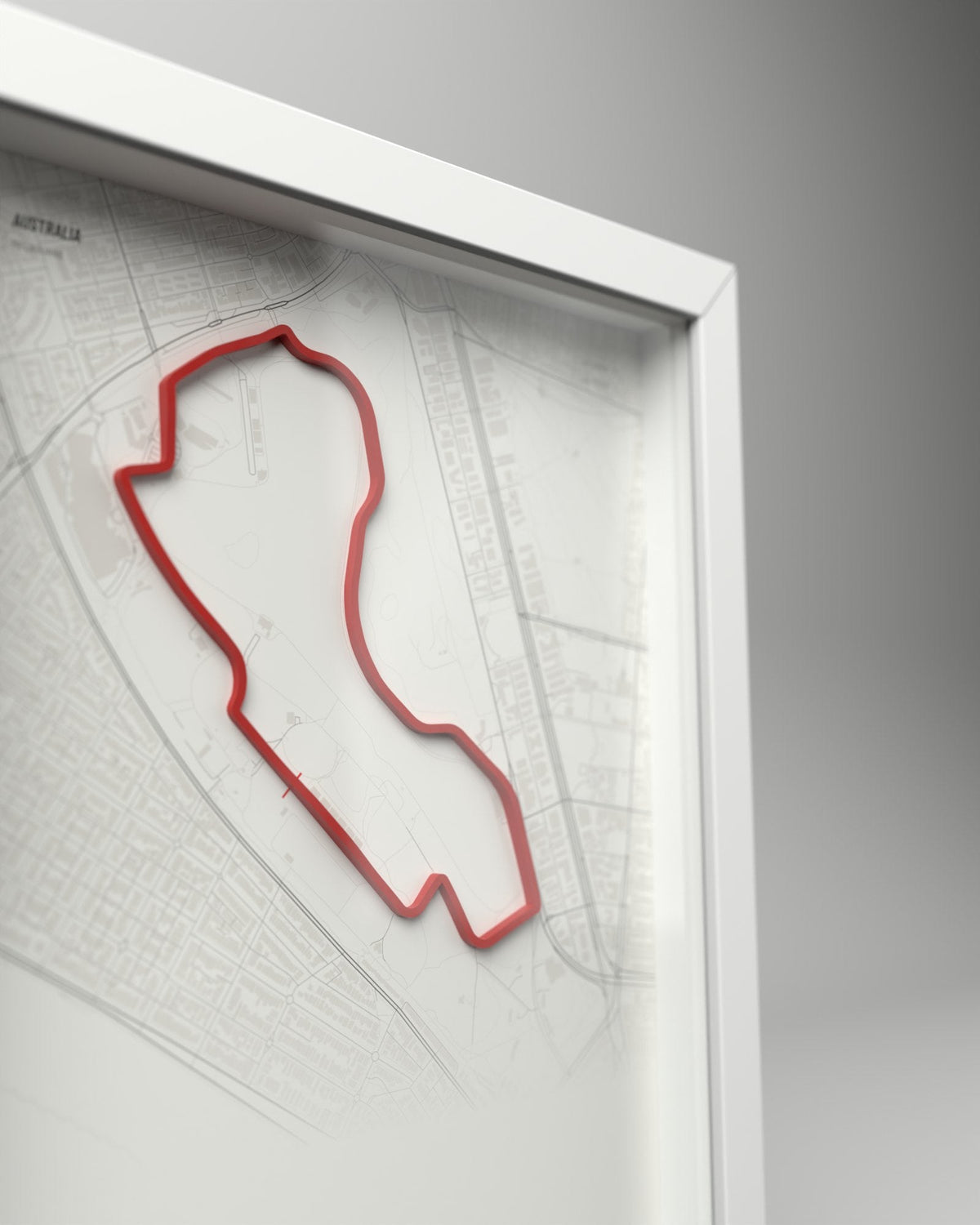 Melbourne 3D circuit frame, white frame, close-up of the raised track