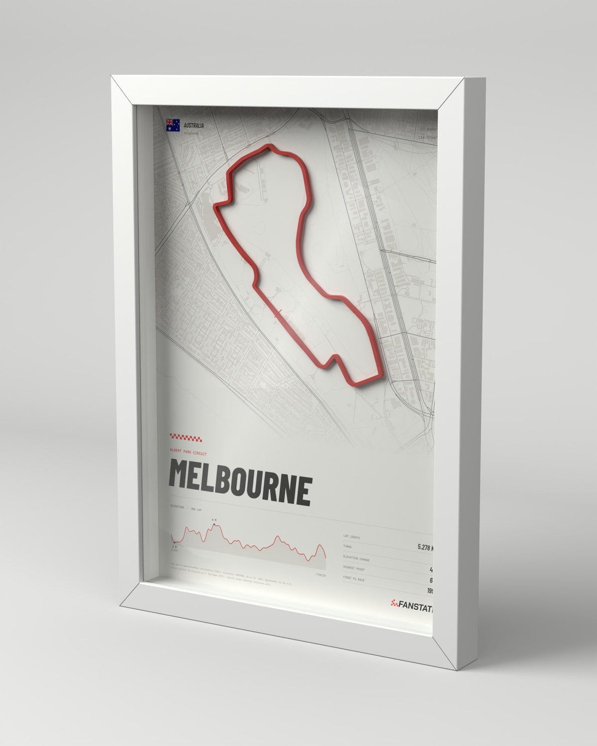 Melbourne 3D circuit frame, white frame, three-quarter view
