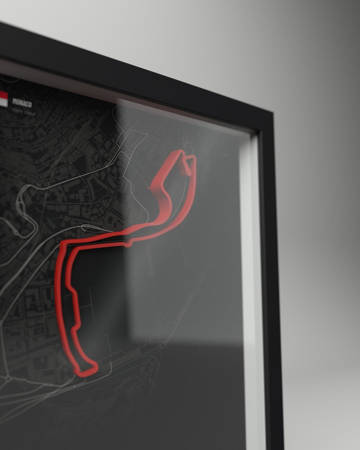 Monaco 3D circuit frame, black frame, close-up of the raised track