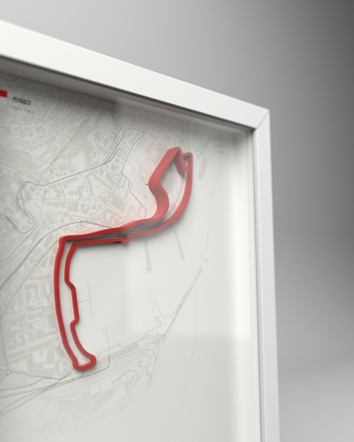Monaco 3D circuit frame, white frame, close-up of the raised track