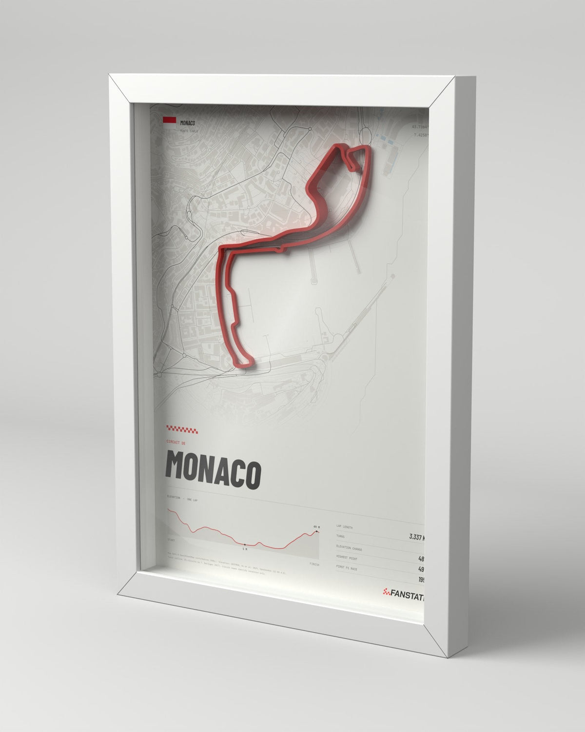 Monaco 3D circuit frame, white frame, three-quarter view