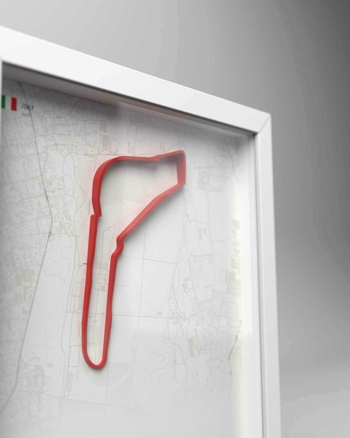Monza 3D circuit frame, white frame, close-up of the raised track