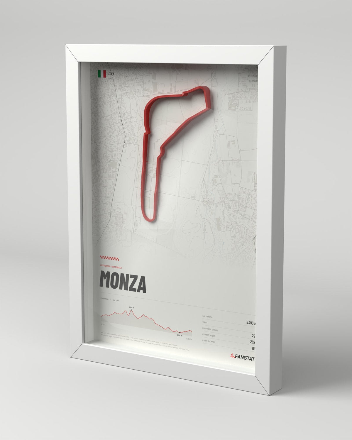 Monza 3D circuit frame, white frame, three-quarter view