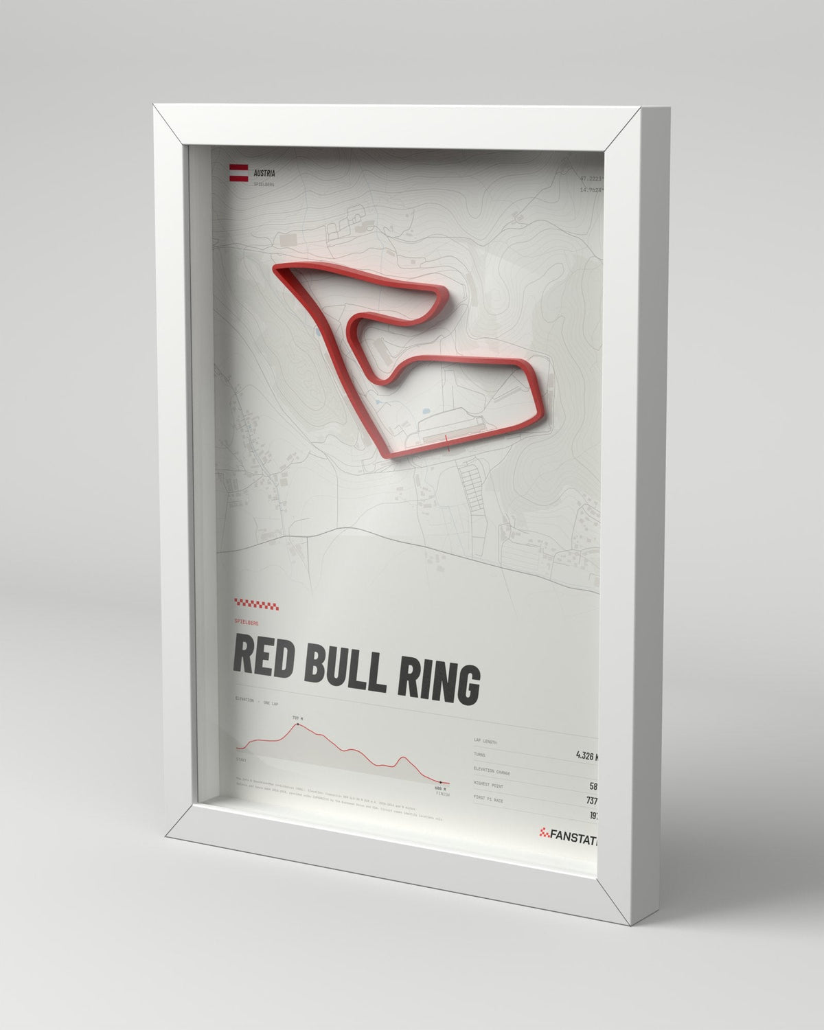 Red Bull Ring 3D circuit frame, white frame, three-quarter view