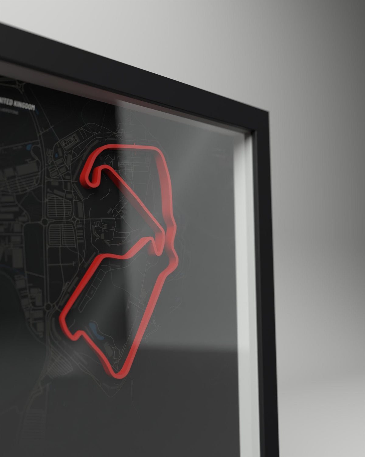 Silverstone 3D circuit frame, black frame, close-up of the raised track