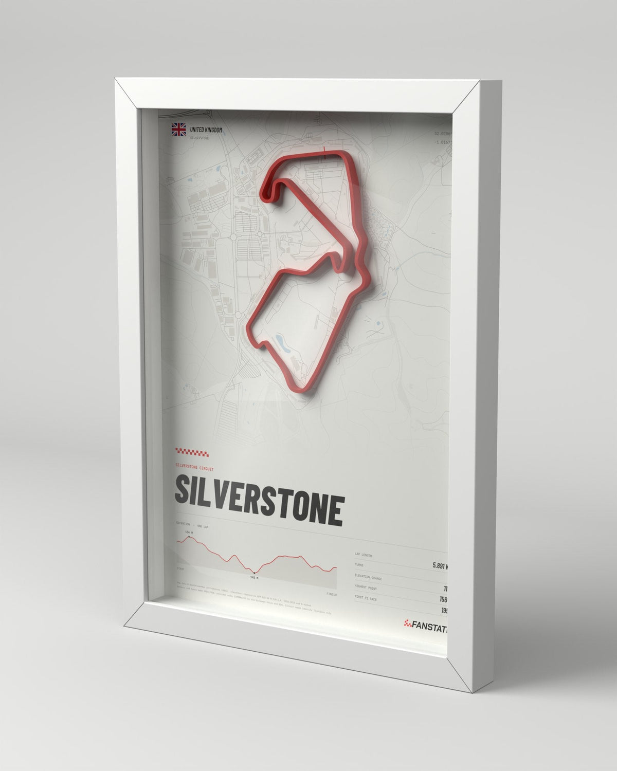 Silverstone 3D circuit frame, white frame, three-quarter view
