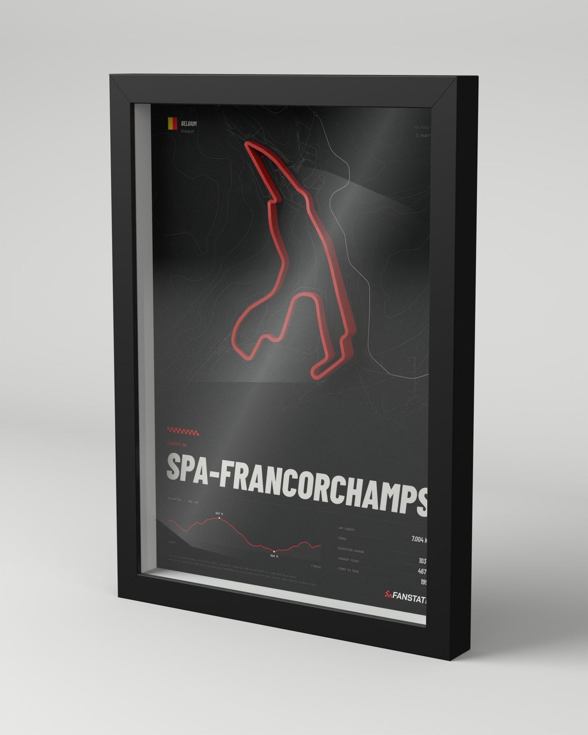 Spa-Francorchamps 3D circuit frame, black frame, three-quarter view