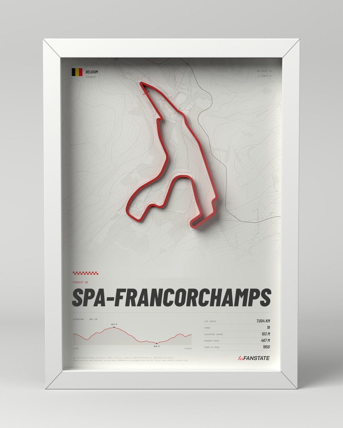 Spa-Francorchamps 3D circuit frame, white frame, front view