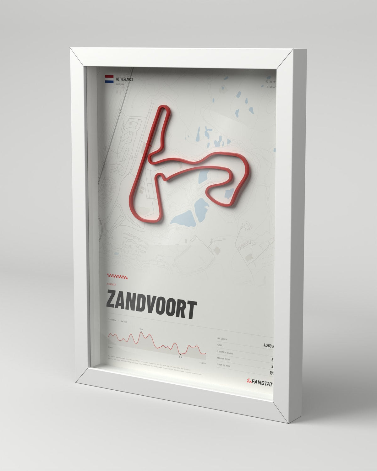 Zandvoort 3D circuit frame, white frame, three-quarter view