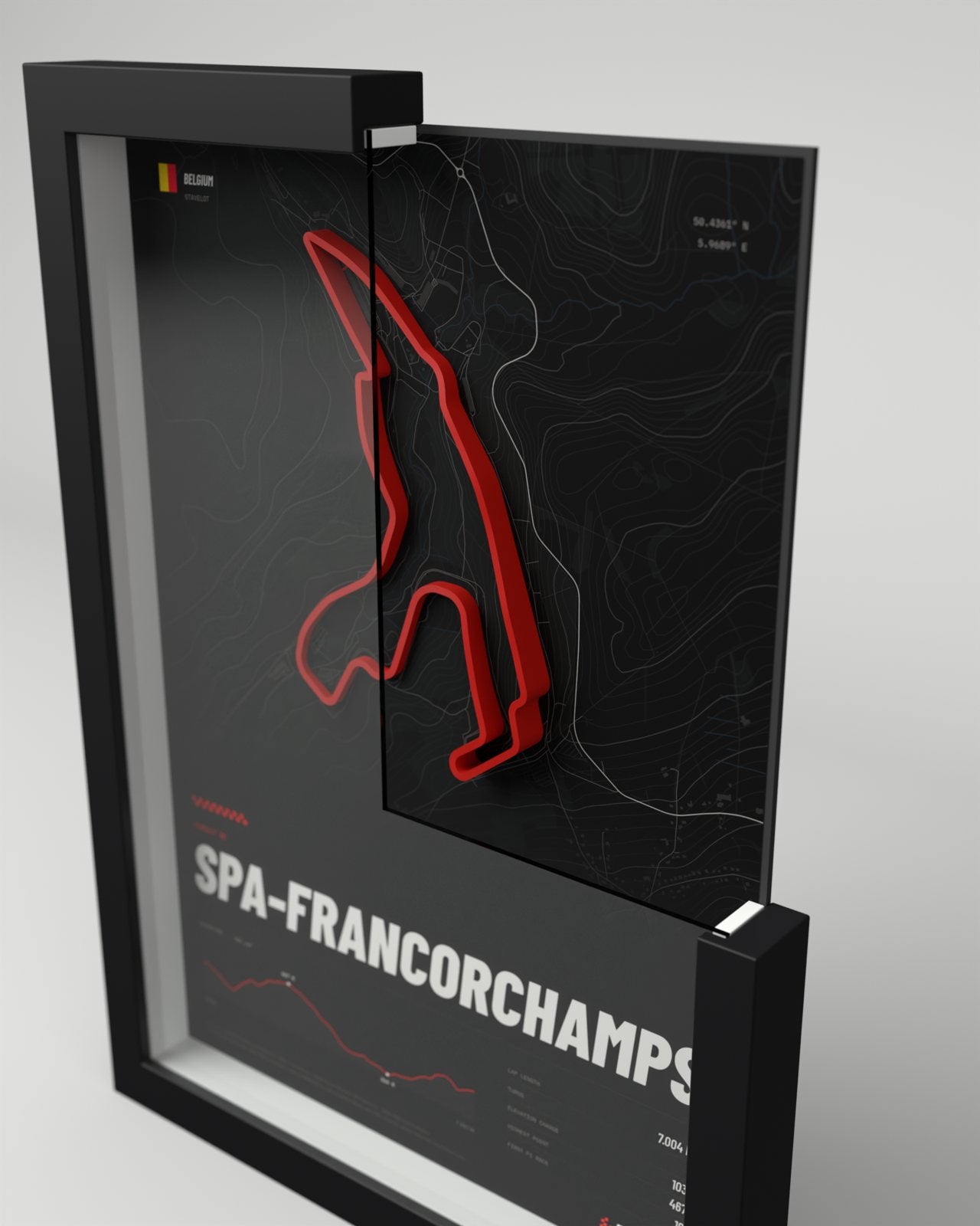 A cut-open corner: frame, glass, spacer, track and map in one piece. Example: Spa-Francorchamps.